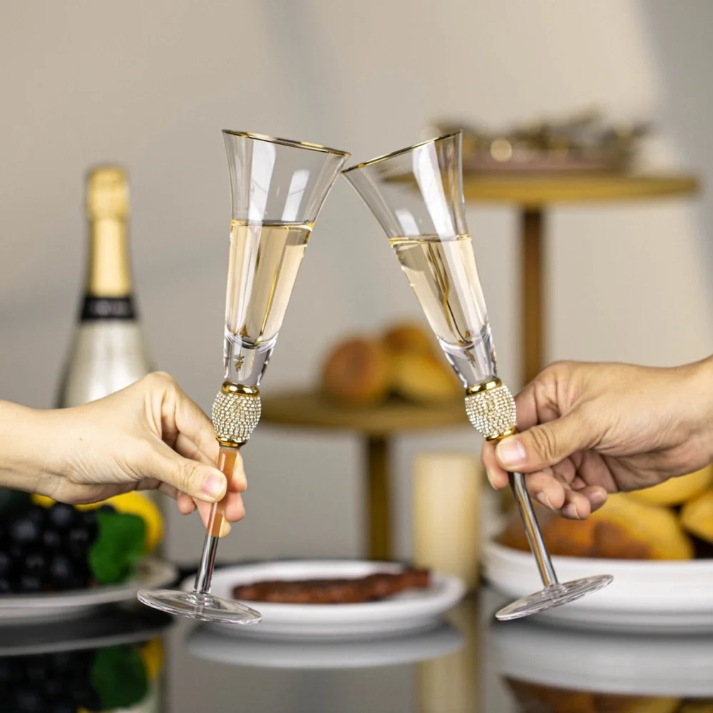 Set of 3 Z Gallerie Elegant Gold and Clear Champagne Flutes